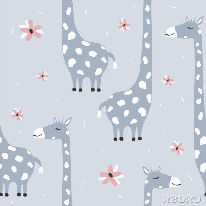 Papier peint à motif  Girafes mignonnes parmi les fleurs