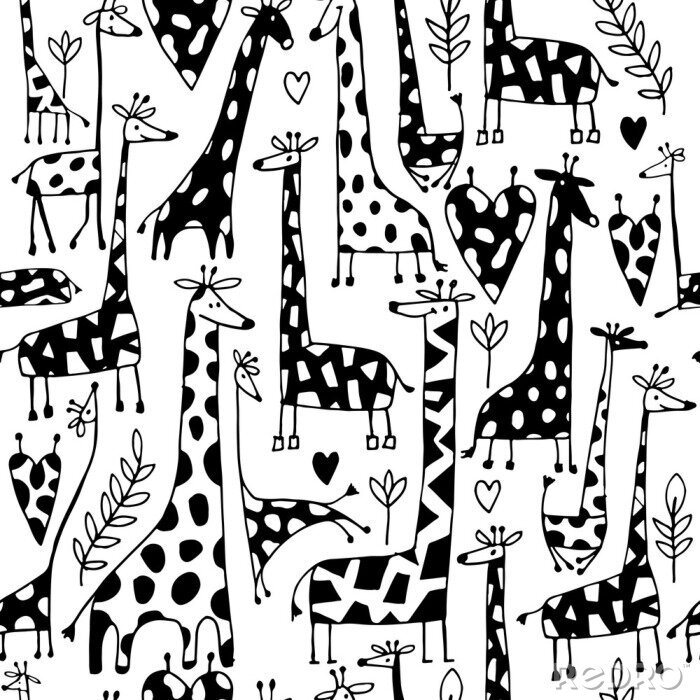 Papier peint à motif  Girafes noires et blanches pour enfants