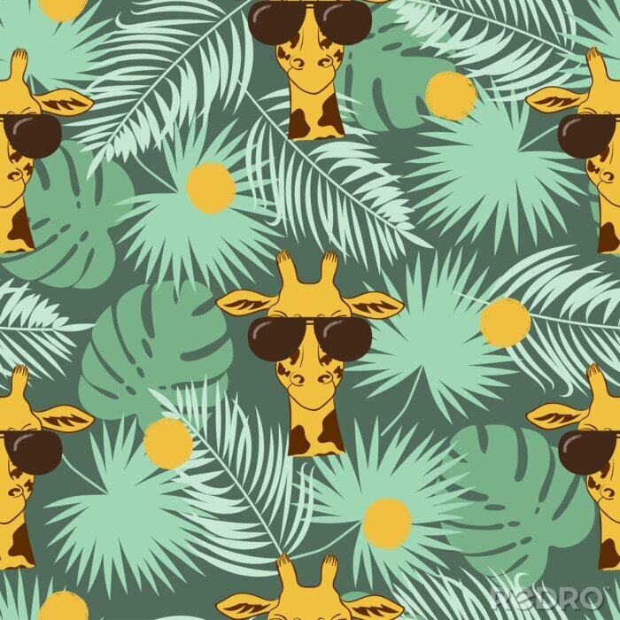 Papier peint à motif  Girafes parmi les feuilles de palmier
