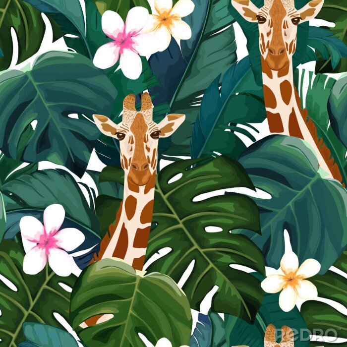 Papier peint à motif  Girafes parmi les feuilles et les fleurs tropicales
