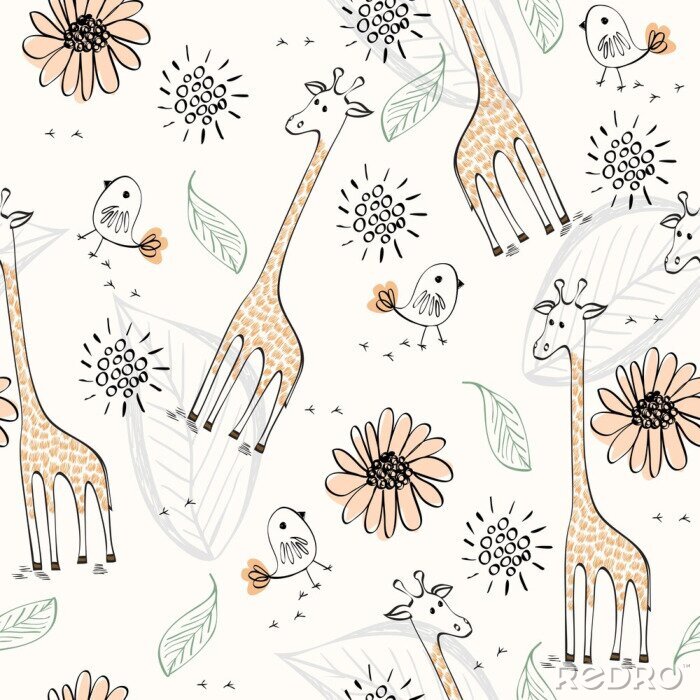 Papier peint à motif  Girafes peintes, oiseaux et feuilles