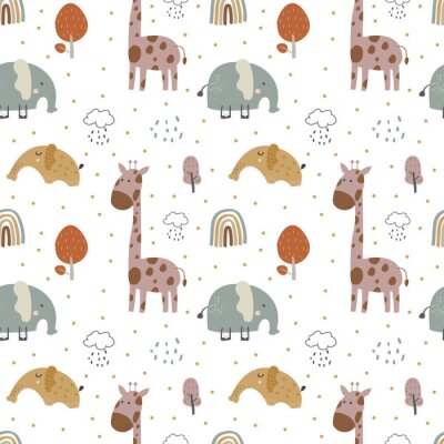 Papier peint à motif  giraffe and  elephant baby cute seamless pattern