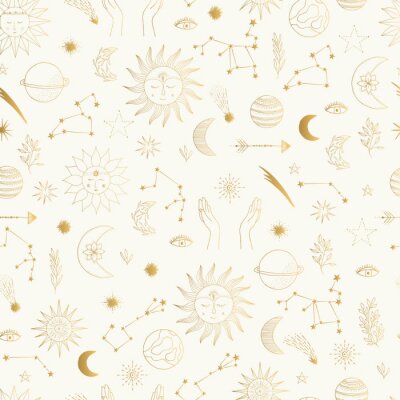 Papier peint à motif  Gold foil pattern with cute hand drawn sun, planet, moon star. Mystic solar design. Vector illustration.