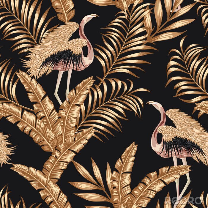 Papier peint à motif  Golden bird flamingo gpld leaves seamless black background