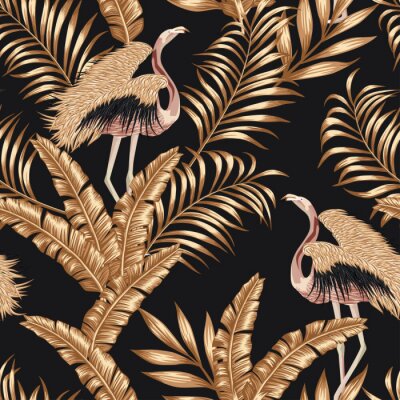 Papier peint à motif  Golden bird flamingo gpld leaves seamless black background