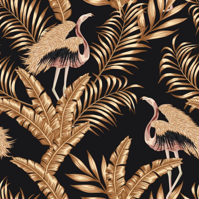 Papier peint à motif  Golden bird flamingo gpld leaves seamless black background