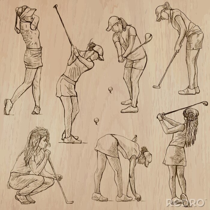 Papier peint à motif  Golf et golfeurs - vecteurs dessinés à la main
