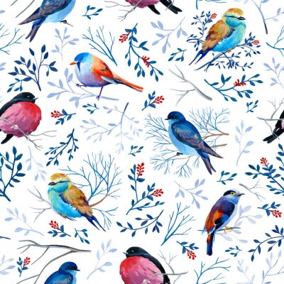 Papier peint à motif  Gouahe seamless pattern with bright birds on branches with leaves