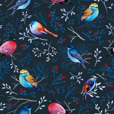 Papier peint à motif  Gouahe seamless pattern with bright birds on branches with leaves on dark background