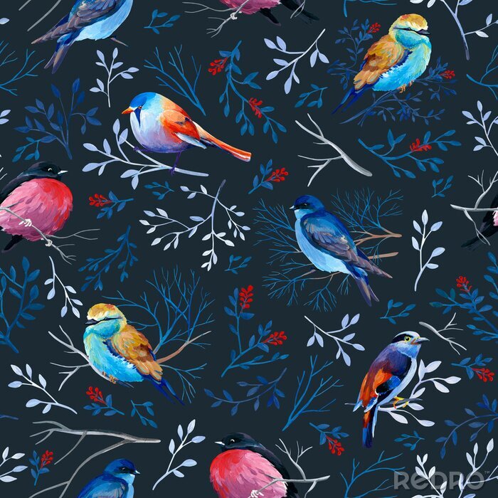 Papier peint à motif  Gouahe seamless pattern with bright birds on branches with leaves on dark background