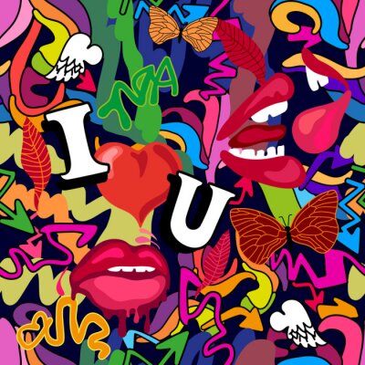 Papier peint à motif  Graffiti avec des lèvres et des lettres de coeurs