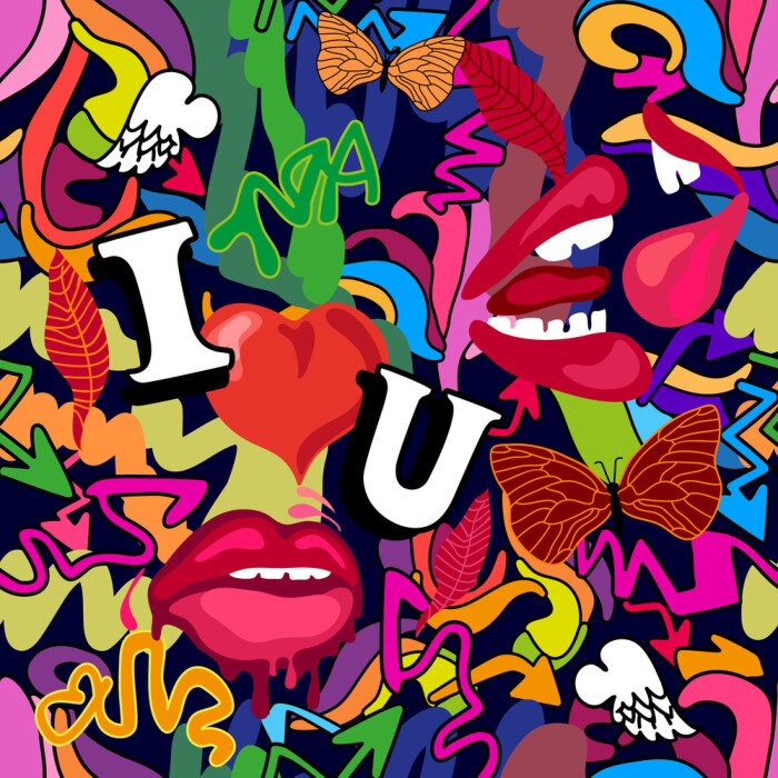 Papier peint à motif  Graffiti avec des lèvres et des lettres de coeurs