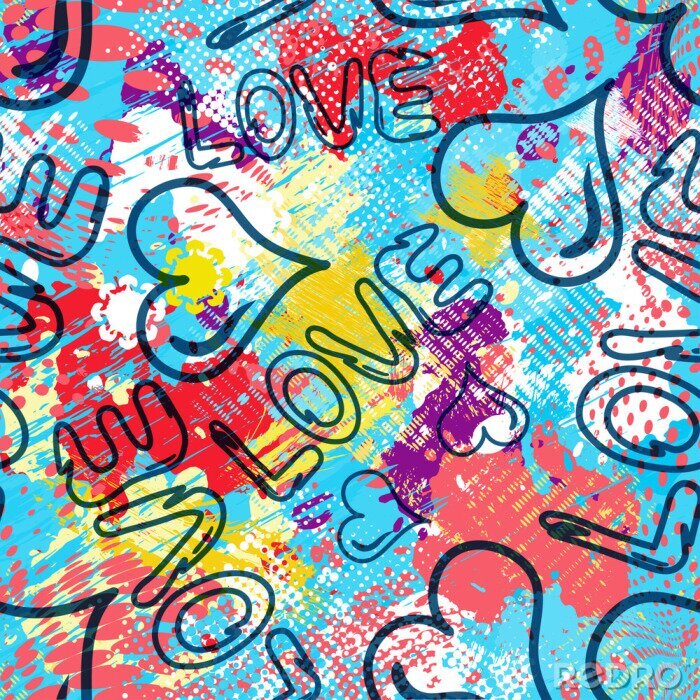 Papier peint à motif  Graffiti coloré avec des inscriptions et des coeurs
