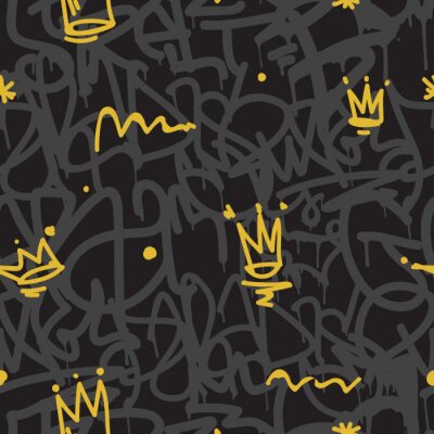 Papier peint à motif  Graffiti noir avec des accents jaunes et gris