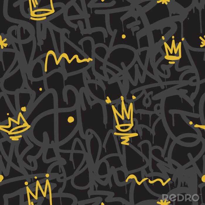 Papier peint à motif  Graffiti noir avec des accents jaunes et gris