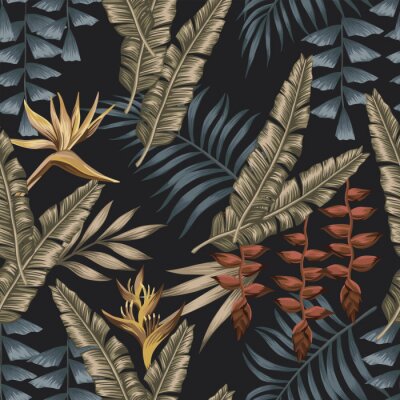 Papier peint à motif  Grandes feuilles tropicales sur fond noir