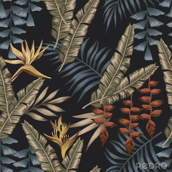 Papier peint à motif  Grandes feuilles tropicales sur fond noir