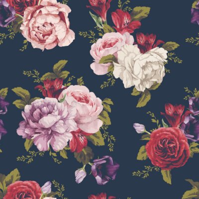 Papier peint à motif  Grandes roses et pivoines dans un bouquet