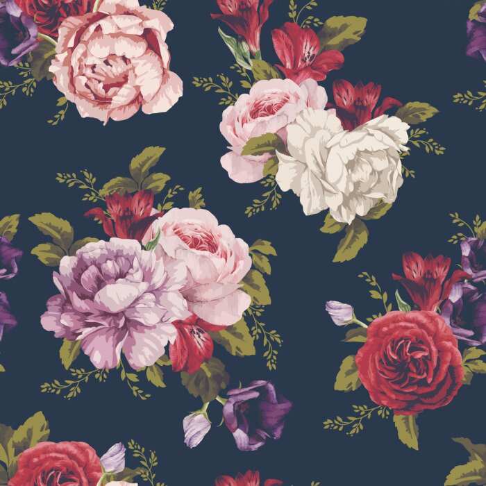 Papier peint à motif  Grandes roses et pivoines dans un bouquet