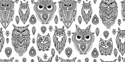 Papier peint à motif  Grands et petits hiboux noirs et blancs