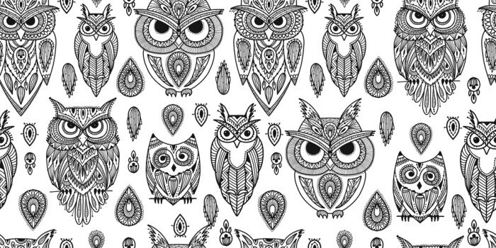 Papier peint à motif  Grands et petits hiboux noirs et blancs