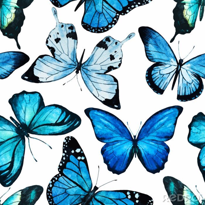 Papier peint à motif  Grands papillons bleus sur fond blanc