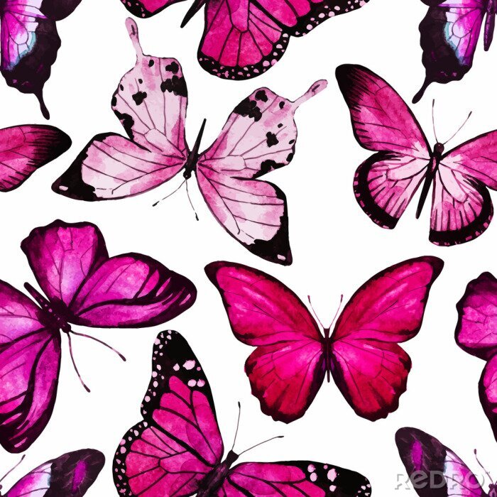 Papier peint à motif  Grands papillons roses sur fond blanc