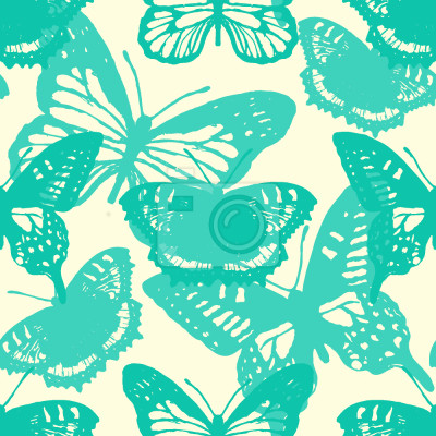 Papier peint à motif  Grands papillons turquoise sur fond beige