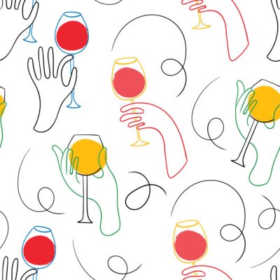 Papier peint à motif  Graphic one line hands with wine. Hand drawn colored vector seamless pattern