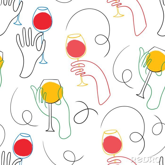 Papier peint à motif  Graphic one line hands with wine. Hand drawn colored vector seamless pattern