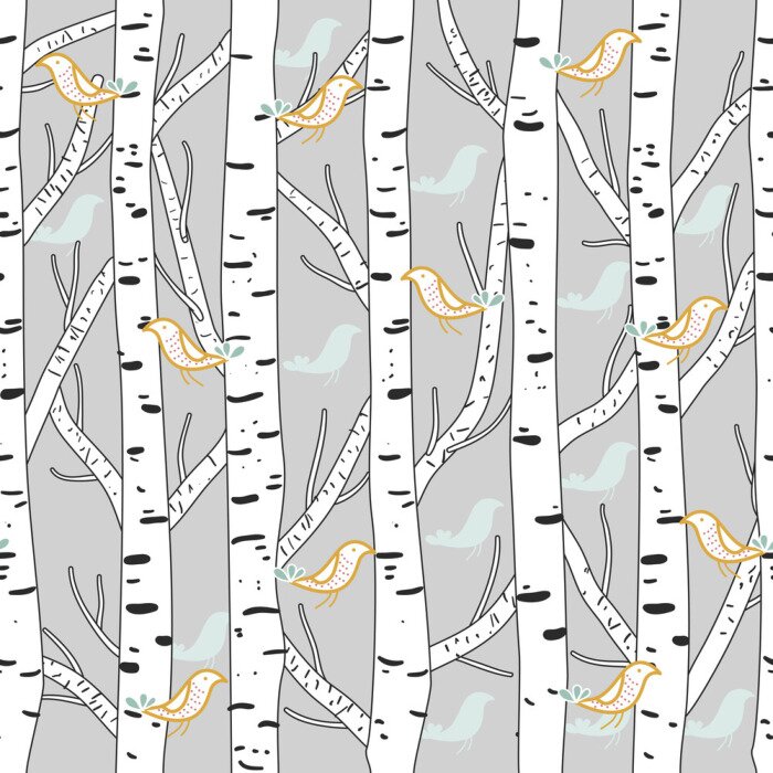 Papier peint à motif  Graphique avec oiseaux et bouleaux