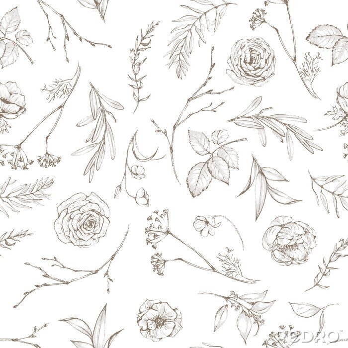 Papier peint à motif  Graphique de fleurs et de feuilles de boutons de rose