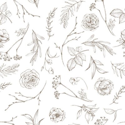 Papier peint à motif  Graphique de fleurs et de feuilles de boutons de rose