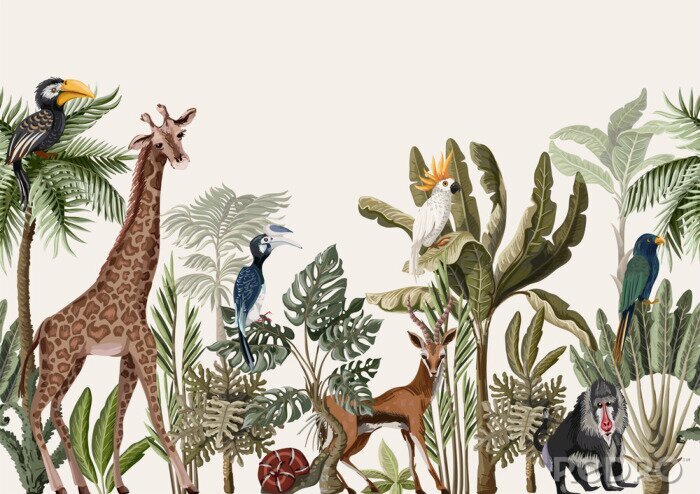 Papier peint à motif  Graphique de la jungle avec des animaux