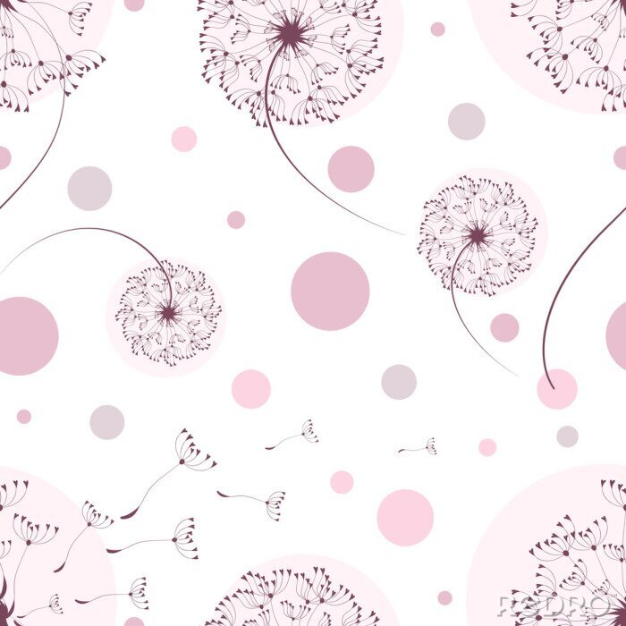 Papier peint à motif  Graphique de pissenlits violets et de points roses