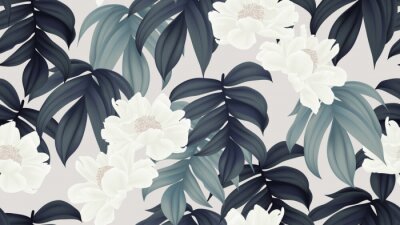 Papier peint à motif  Graphique de pivoines blanches et de feuilles exotiques
