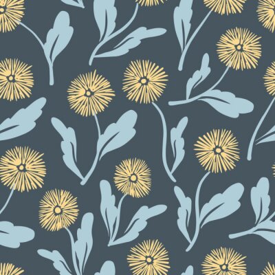 Papier peint à motif  Graphique minimaliste avec pissenlits fond bleu foncé
