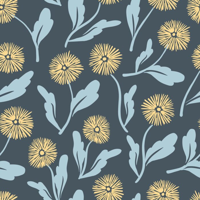 Papier peint à motif  Graphique minimaliste avec pissenlits fond bleu foncé