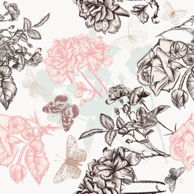 Papier peint à motif  Graphique noir et blanc de roses et de papillons