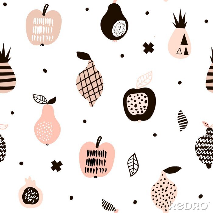 Papier peint à motif  Graphique noir et rose pommes ananas et poires