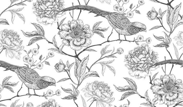 Papier peint à motif  Graphiques bicolores avec des oiseaux sur des fleurs