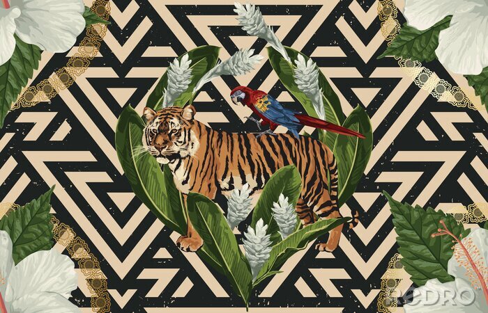 Papier peint à motif  Graphiques exotiques avec tigre et perroquet
