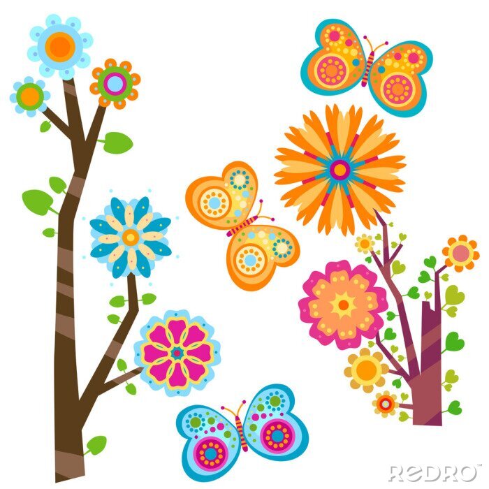 Papier peint à motif  Graphiques multicolores de fleurs, de papillons et d'arbres