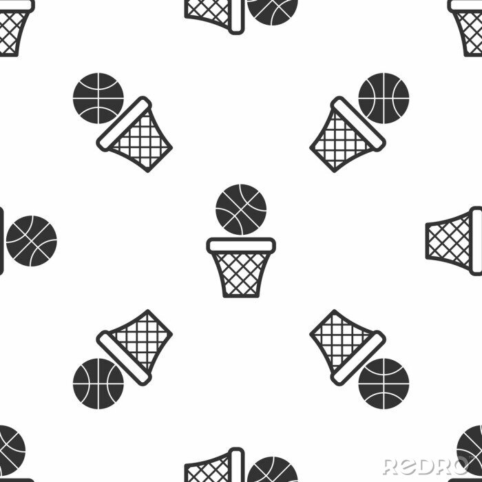 Papier peint à motif  Grey Basketball ball and basket icon isolated seamless pattern on white background. Ball in basketball hoop. Vector Illustration