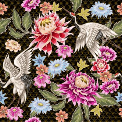 Papier peint à motif  Grues et fleurs japonaises exotiques