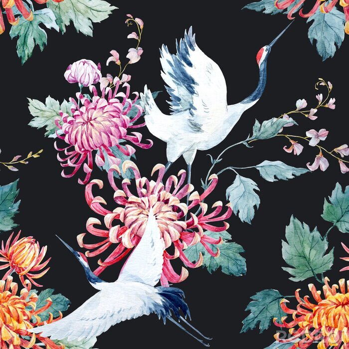 Papier peint à motif  Grues et fleurs sur fond noir