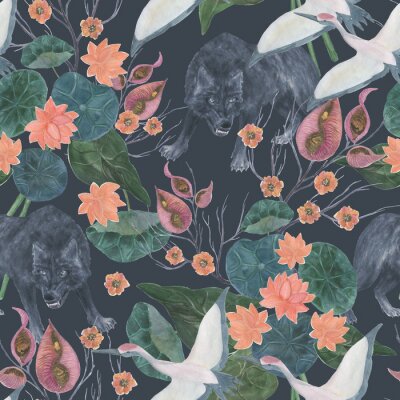 Papier peint à motif  Grues et plantes rétro