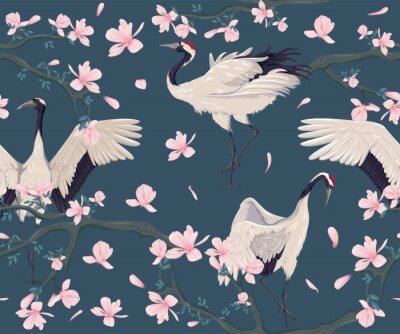 Papier peint à motif  Grues japonaises orientales et fleurs roses