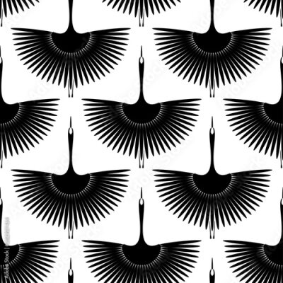 Papier peint à motif  Grues noires dans le ciel blanc