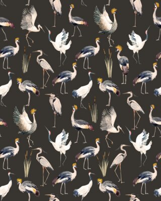 Papier peint à motif  Grues sur fond marron